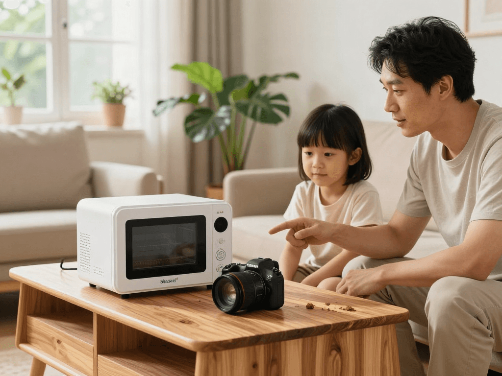 Traitement de bois avec Shashel® dans une maison chaleureuse, famille observant le dispositif écologique.