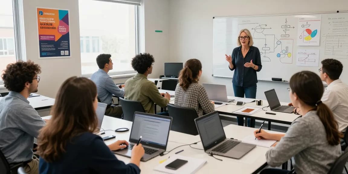 Session de formation professionnelle avec des apprenants adultes engagés, utilisant des ordinateurs portables et des documents.