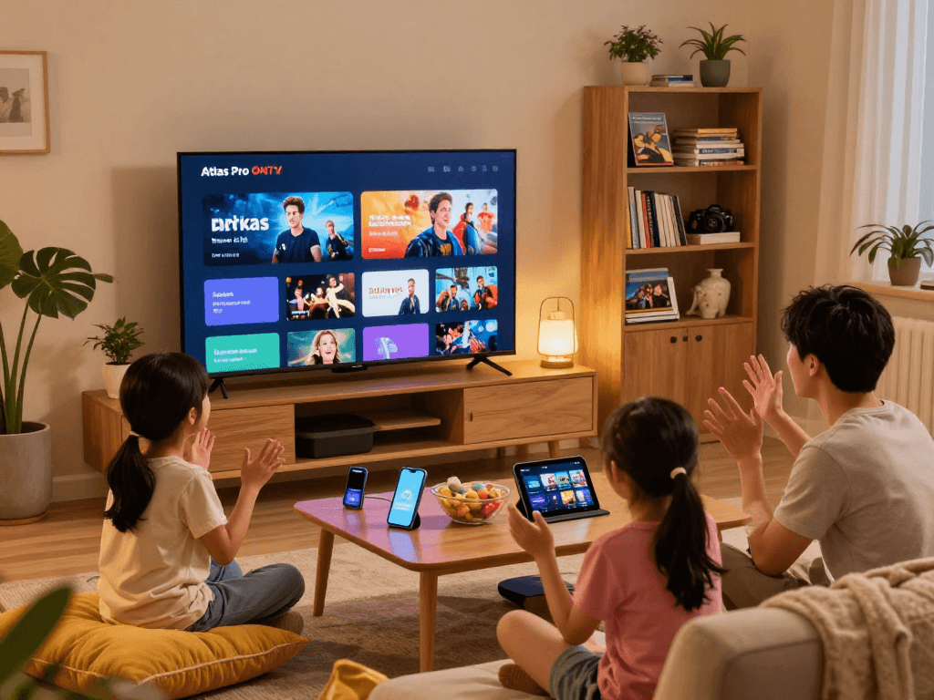 Accédez à Atlas pro ontv avec votre famille dans un salon chaleureux, avec des appareils connectés.