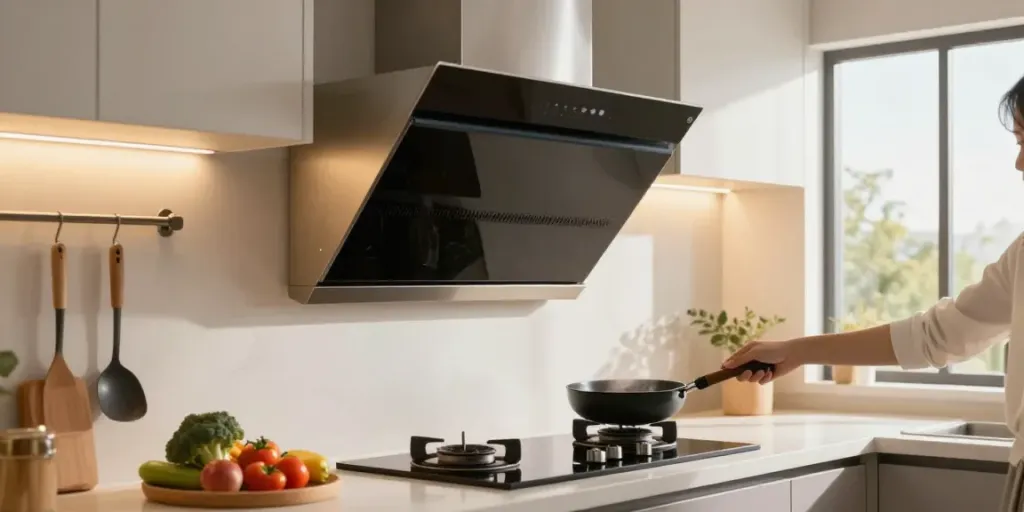 Hotte inclinée élégante dans une cuisine moderne avec un espace de cuisson lumineux.