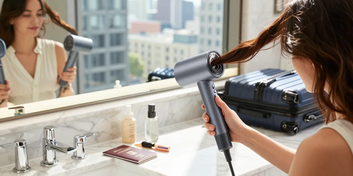 Sèche-cheveux de voyage sur un comptoir élégant, accessoires de voyage en arrière-plan, lumière naturelle.