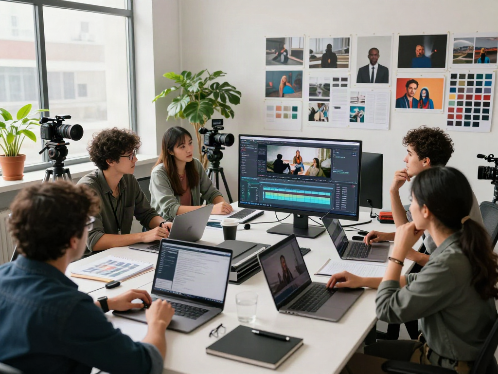 Équipe créative en studio vidéo collaborant sur un projet Iron TV, ambiance inspirante.