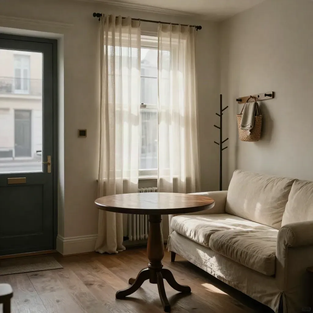 Petit appartement meublé prêt pour visite, lumière du matin, table bistrot, canapé en lin et fenêtre sur rue.