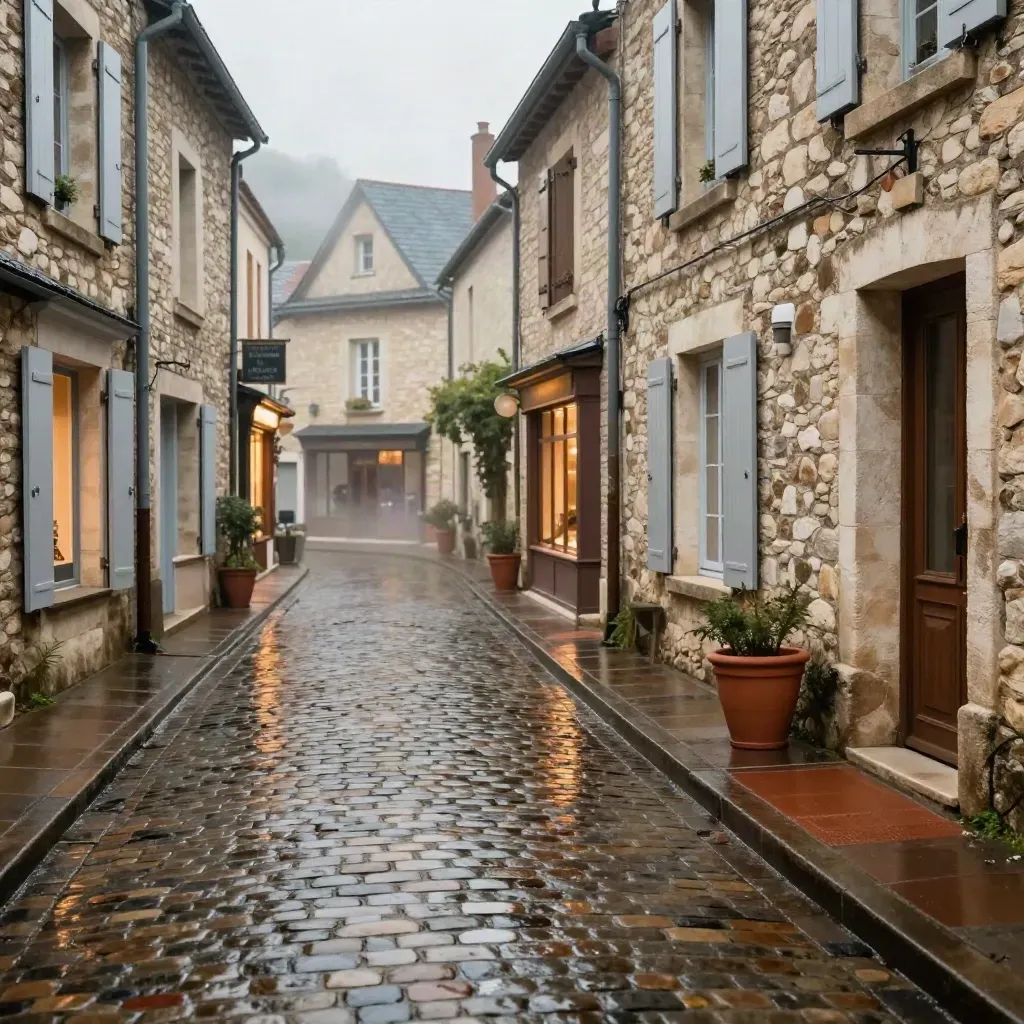 Rue de village après la pluie, pavés brillants et façades en pierre dans une légère brume.