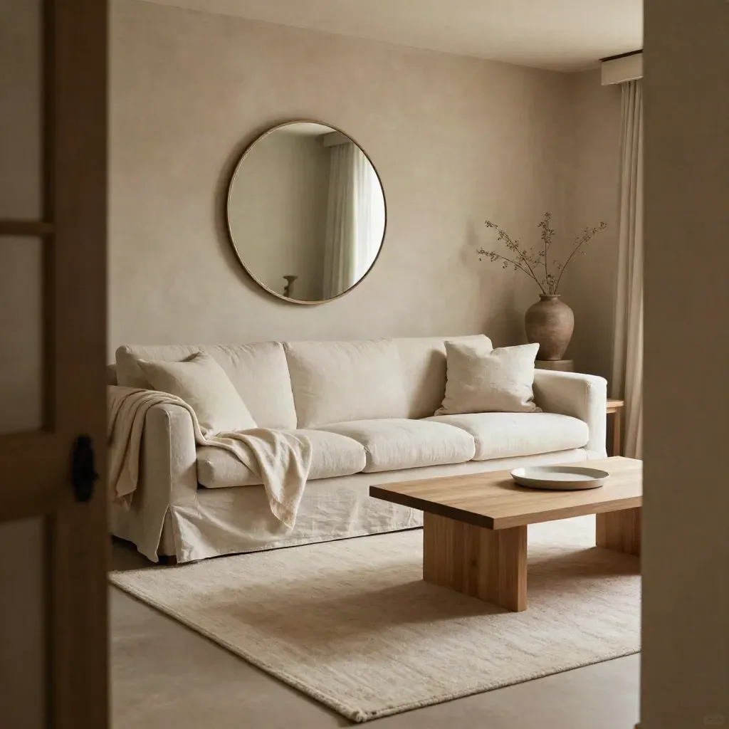 Salon relooké avec canapé neutre, plaid en lin, vase en grès et miroir rond sous lumière douce.