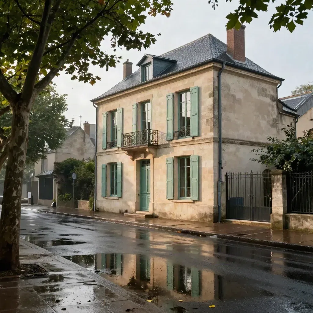 Maison de ville nantaise en pierre claire, rue mouillée après la pluie, arbres alignés et reflets.