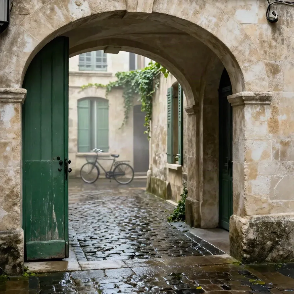 Cour intérieure du Marais mouillée, arches anciennes, volets verts et vélo flou sous la pluie.