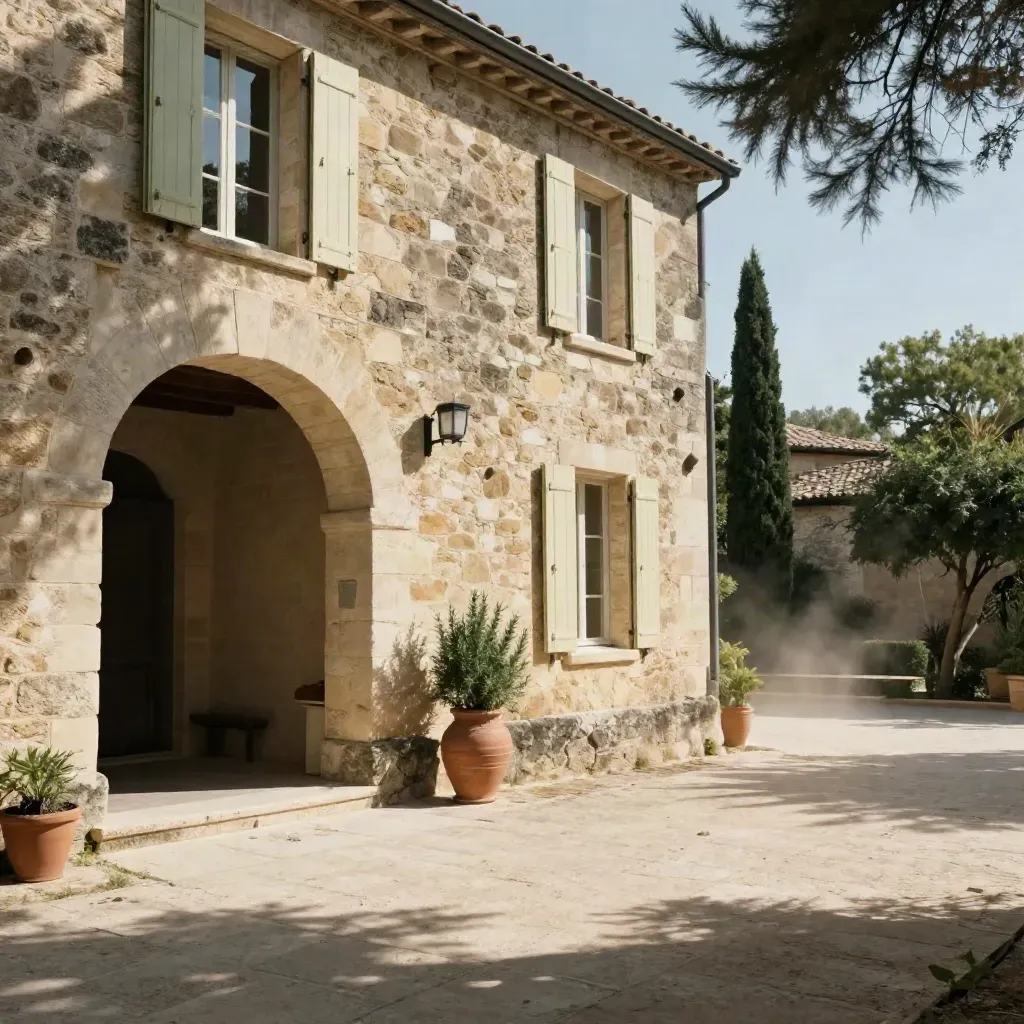 Bastide en pierre blonde avec cour fermée, cyprès et ombres de midi