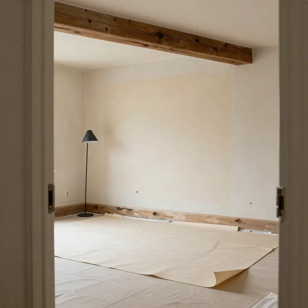 Séjour en rénovation légère, sol protégé, mur repris, poutre ancienne et lampe sobre, poussière en suspens.