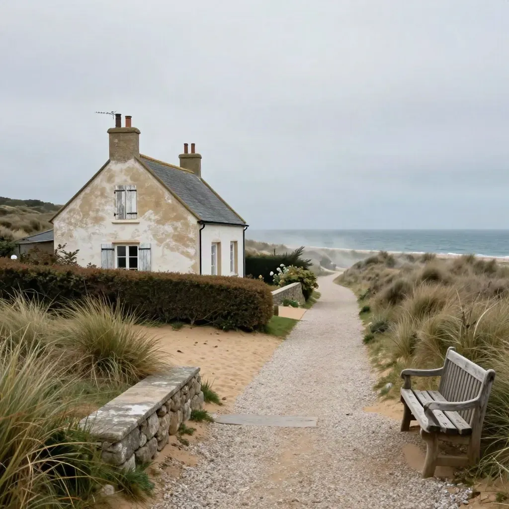 Maison de bord de mer avec jardin sableux, haie basse, chemin de graviers et horizon marin.