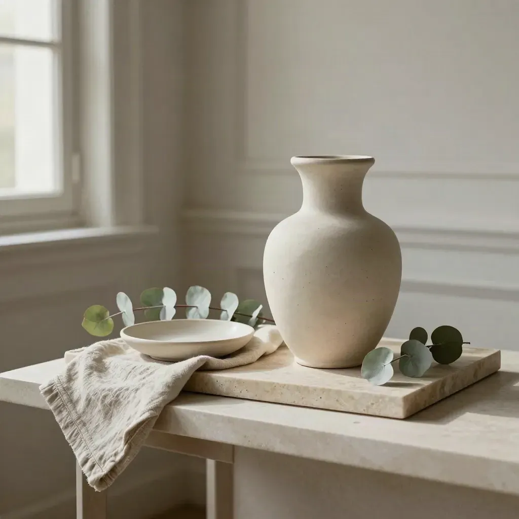 Vase en grès crème, lin replié, coupelle et eucalyptus sur une console en pierre.