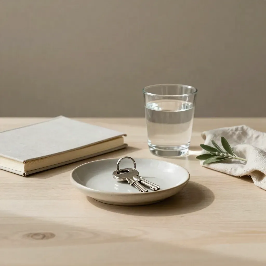 Coupe en céramique avec clés, carnet fermé et verre d’eau sur bois pâle, lumière douce.