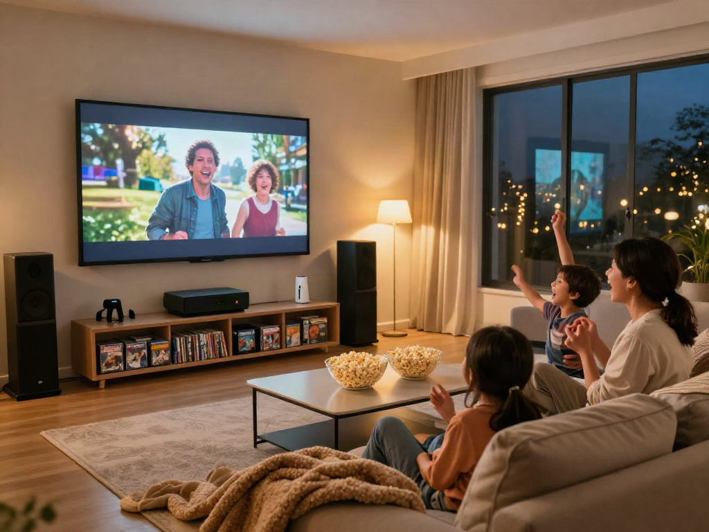 Family enjoying Iron tv movie night in a cozy home theater setup.