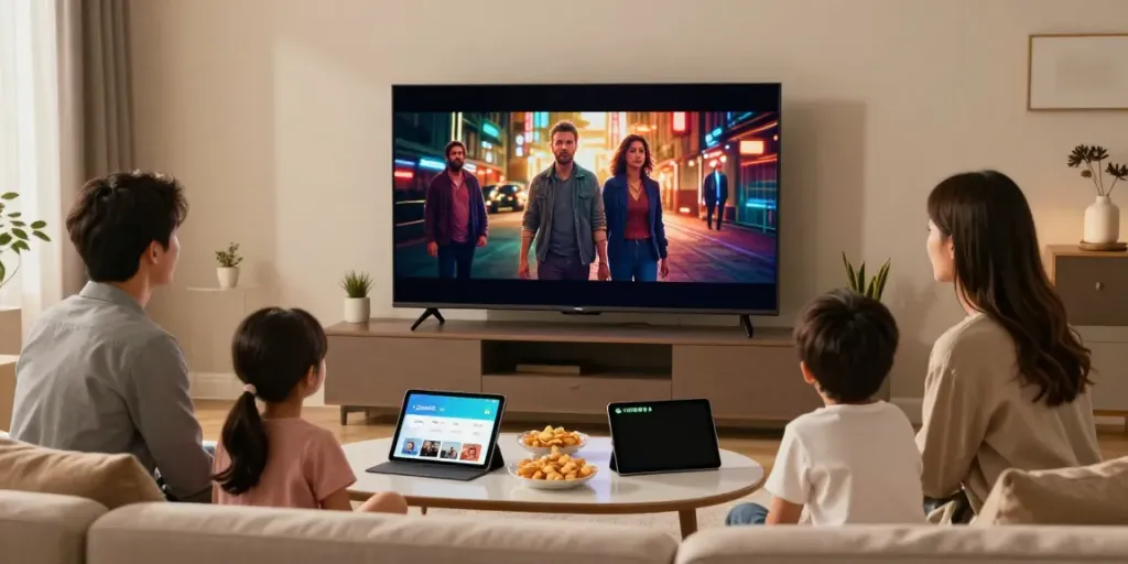 Abonnement IPTV 4K Vision4K, famille profitant d'une expérience de visionnage dans un salon moderne.